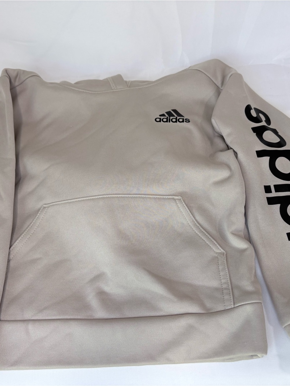 adidas Beige Pullover Hoodie with Bold Sleeve Logo